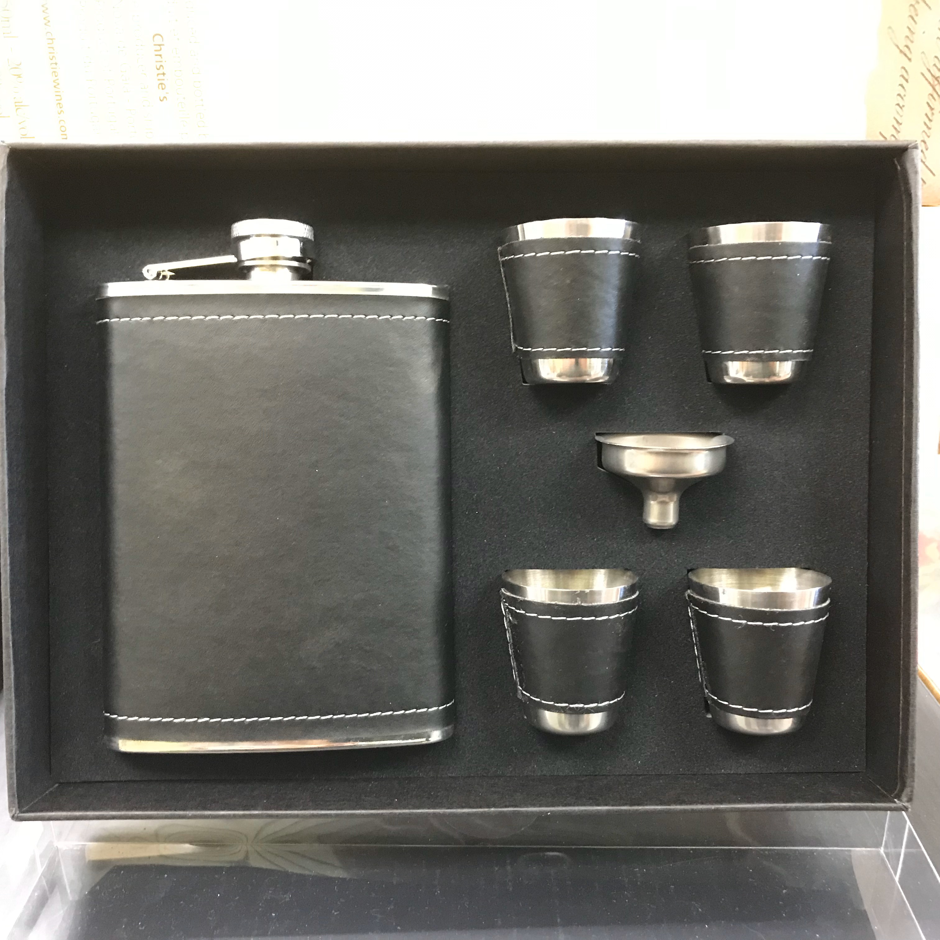 Flask metal leather wrapped with 4 shot cups & funnel 80z
