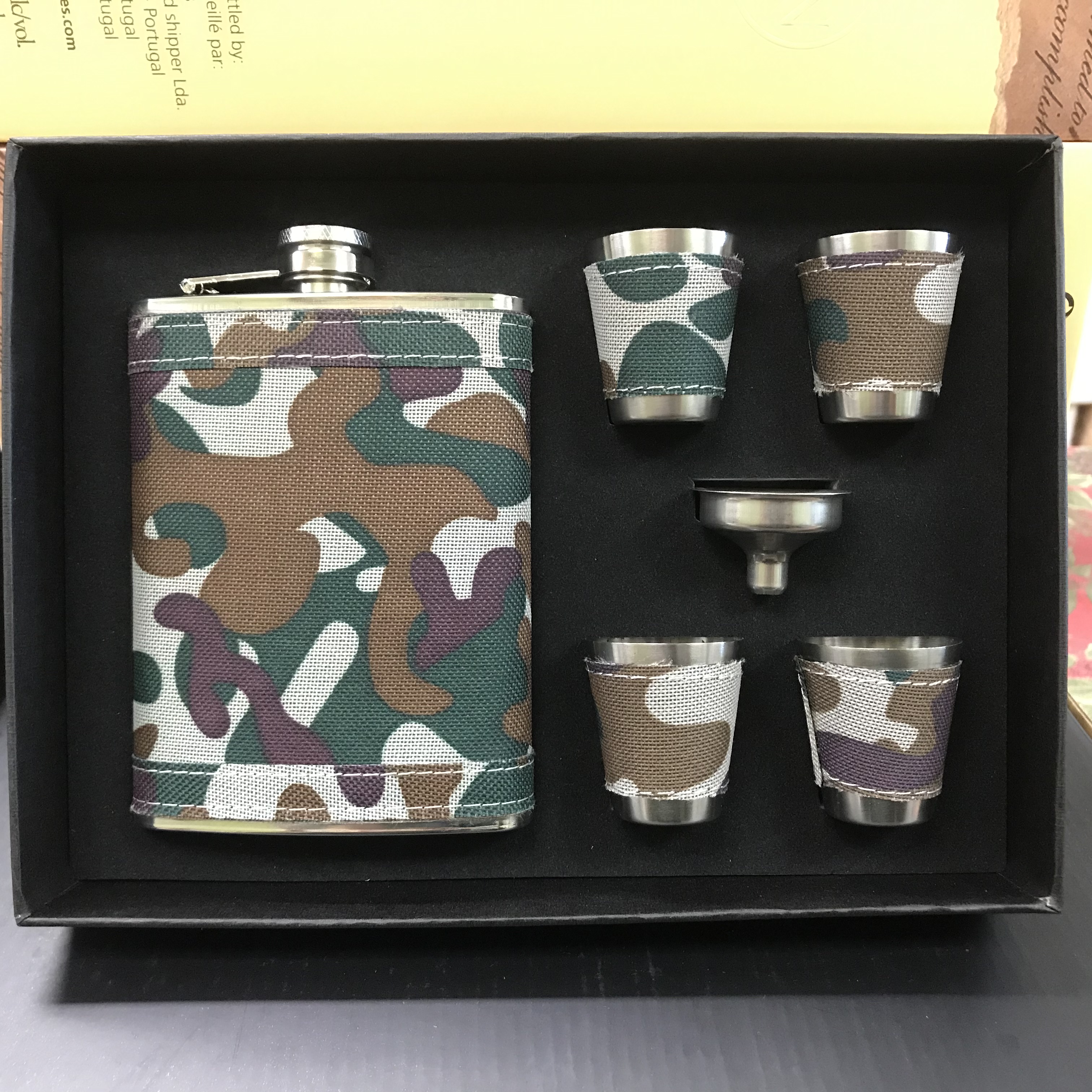Flask Metal with Camo wrap and 4 shot cups with funnel